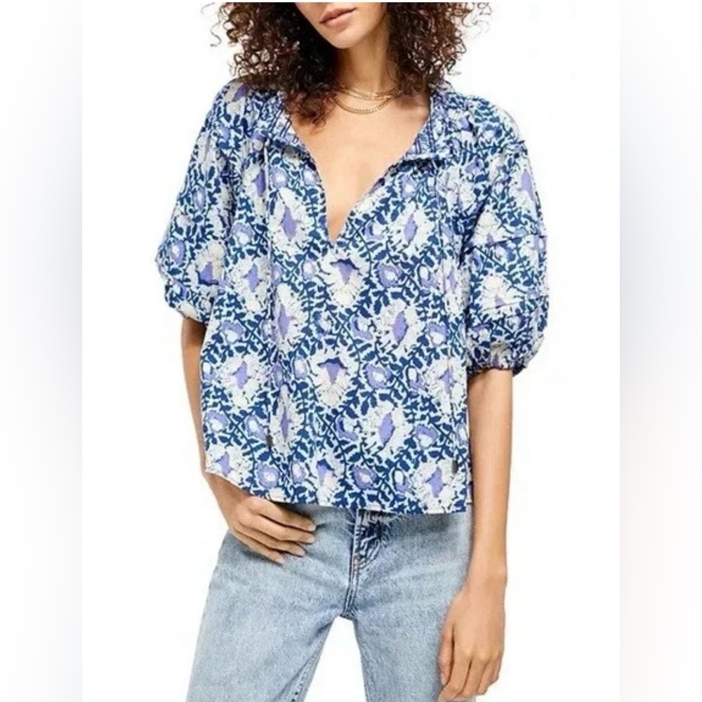 Free People Willow Printed Boho Smocked Puff Sleeve Cotton Blouse Size Large NEW